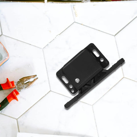 RV Cabinet Door Latch Set With Spring Hook Lock Design, Durable ABS Material shown on hex tile background