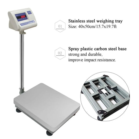 Heavy Duty Digital Floor Scale Built Like A Tank For Warehouse Shipping And Postal Operations shown with stainless steel tray and durable base.