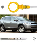 Mazda engine oil dipstick alongside a 2009-2013 Mazda CX-9, highlighting easy plug and play install for accurate oil level reading.