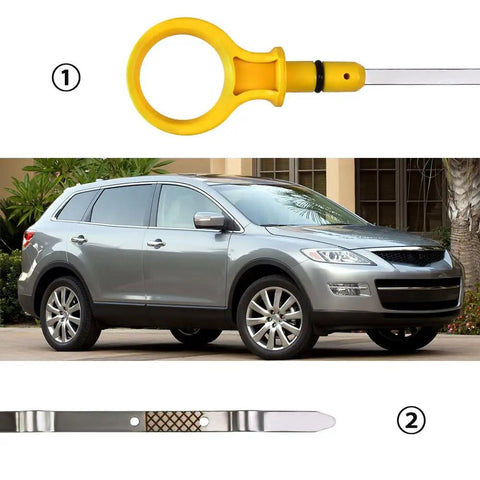 Mazda engine oil dipstick alongside a 2009-2013 Mazda CX-9, highlighting easy plug and play install for accurate oil level reading.