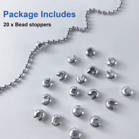 20 Pack Ball Bead Chain Stop 10.0mm Extra Large for Curtain Louvers, stainless steel chain stoppers shown with bead chain