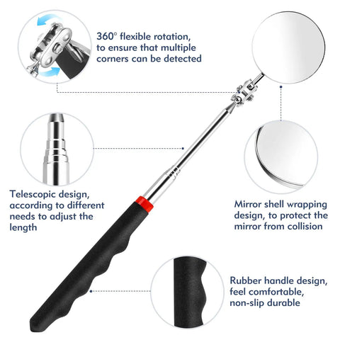 Four Pack Telescoping Inspection Mirror Set With LED Lights 360 Degree Rotation Extendable Mirrors For Car Service And Home Use Handy Swivel Design For Tight Spots And Quick Checks Of Engines And Small Parts