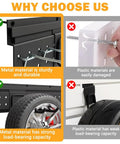 Comparison of durable metal and weak plastic materials; shows metal with strong load capacity, suitable for Garage Tool Storage Organizer Wall Mount Kit With Beefed Up 48 Inch Track System And 16 Hooks For Shovels Brooms Rakes And Ladders Holds Up To 600 LB Capacity