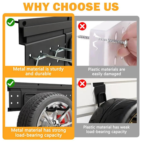 Comparison of durable metal and weak plastic materials; shows metal with strong load capacity, suitable for Garage Tool Storage Organizer Wall Mount Kit With Beefed Up 48 Inch Track System And 16 Hooks For Shovels Brooms Rakes And Ladders Holds Up To 600 LB Capacity