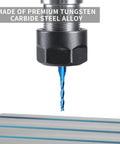 Close-up of upcut spiral router bit with 1/4in shank and 1/8in cutting diameter, blue-coated solid carbide for wood carving
