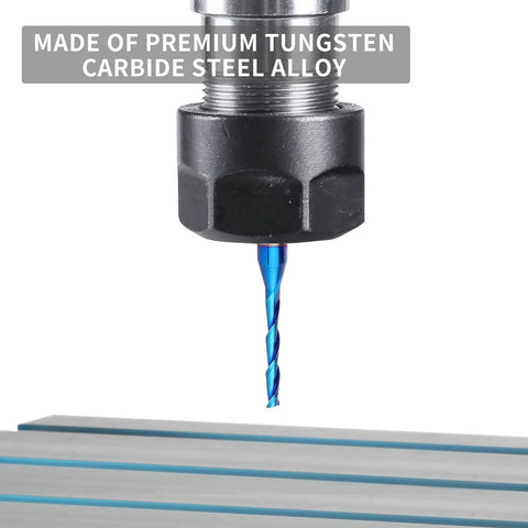 Close-up of upcut spiral router bit with 1/4in shank and 1/8in cutting diameter, blue-coated solid carbide for wood carving