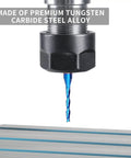 Close-up of Upcut Spiral Router Bit with 1/4 inch shank and 1/8 inch cutting diameter, solid carbide, nano blue coating.