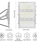 Beastly Bright 300W LED Flood Light With 24000 Lumens Outdoor Security Lighting 6000K Daylight White IP66 Waterproof Wide Lighting Angle Ideal For Garage Garden Lawn Yard Parking Lot; side view dimensions and features