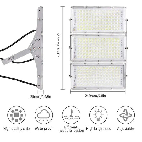 Beastly Bright 300W LED Flood Light With 24000 Lumens Outdoor Security Lighting 6000K Daylight White IP66 Waterproof Wide Lighting Angle Ideal For Garage Garden Lawn Yard Parking Lot; side view dimensions and features