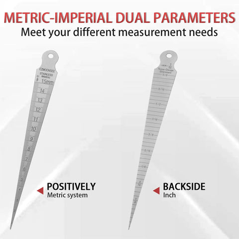 CZMOONSEE stainless steel double-sided welding taper gauge; front shows metric mm scale, back shows inch scale.