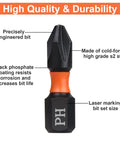 Close-up of PH3 Phillips Screwdriver Bit with 25mm length, one quarter inch hex shank, TS2 Chrome Vanadium Steel, black oxide finish.
