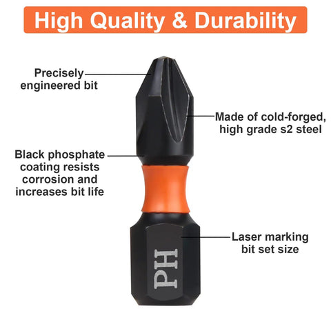 Close-up of PH3 Phillips Screwdriver Bit with 25mm length, one quarter inch hex shank, TS2 Chrome Vanadium Steel, black oxide finish.