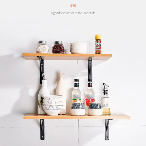 Heavy Duty Steel Shelf Brackets With Screws Triple Tripod Triangle L Brackets For Floating Shelving Units Hella Sturdy Heavy Supports With No Sweat DIY Installation Solid White Finish One Pair holding wooden shelves with various bottles and jars.