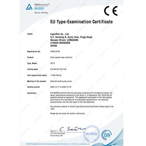 EU Type-Examination Certificate for Pro Grade Multi Wavelength Laser Safety Glasses With Heavy Duty Optics Spanning 180 To 1095 Nm.
