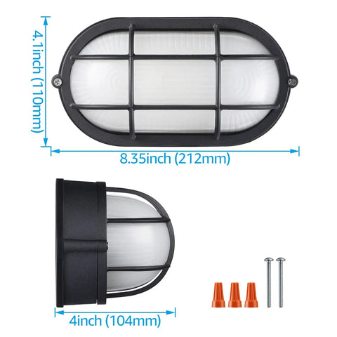 Dimensions of 8.5 Inch Nautical Bulkhead Light Fixture For Outdoor Walls And Ceilings, Built Tough Aluminum With Frosted Glass, E26 Base.