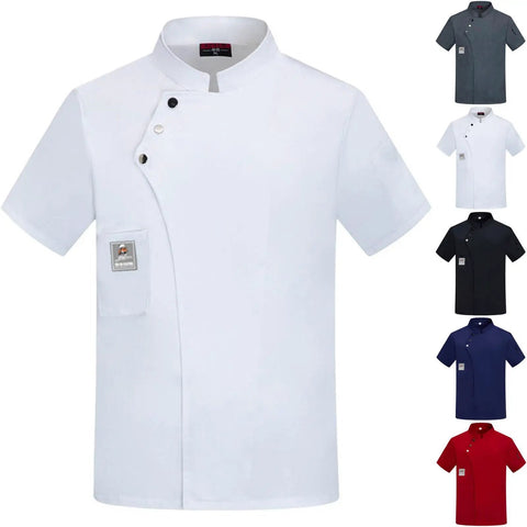 Men's Short Sleeve Chef Jacket Gray Breathable Kitchen Work Uniform Durable Restaurant Coat Sweat Wicking Culinary Staff Apparel Built Tough For The Daily Grind, displayed in various colors.