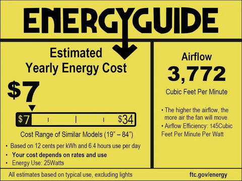 Energy guide showing estimated yearly cost of $7 for a 52 Inch Brown Tropical Outdoor Palm Leaf Ceiling Fan with integrated lights.