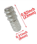 Close-up of a single nickel plated 23mm shelf pin with measurements for 8x23mm cabinet shelf pins finish and design.