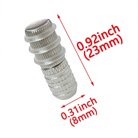 Close-up of a single nickel plated 23mm shelf pin with measurements for 8x23mm cabinet shelf pins finish and design.