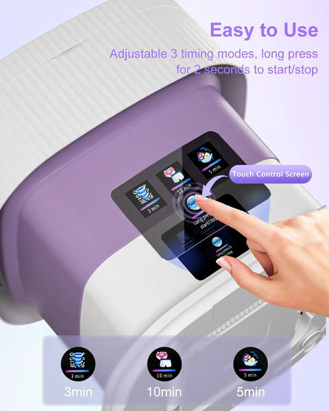 No Sweat Laundry Day With This Nifty 18L Folding Portable Washing Machine Featuring A Built In Spin Basket Quick Wash Cycle Perfect For Underwear Socks And Baby Gear As A Compact Mini Washer For Small Apartments Rv Travel Or Home Use In Purple showing easy-to-use touch control screen with timer settings.