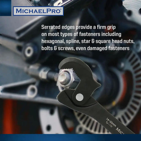 Dual Action Auto Size Adjusting Wrench With Self Adjusting Quick Jaw And Dual Heads, gripping a hexagonal nut in workshop.