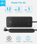 Power Strip With 2100J Surge Protector And 5ft Extension Cord, 12 AC Outlets, 2 USB-A Ports And 1 USB-C 20W Fast Charge