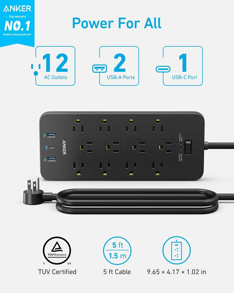 Power Strip With 2100J Surge Protector And 5ft Extension Cord, 12 AC Outlets, 2 USB-A Ports And 1 USB-C 20W Fast Charge