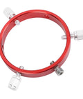 Red aluminum Six Hole 90mm Guiding Scope Ring with M6 and 1/4 inch screws, for 70 to 90mm astrophotography gear on white background.