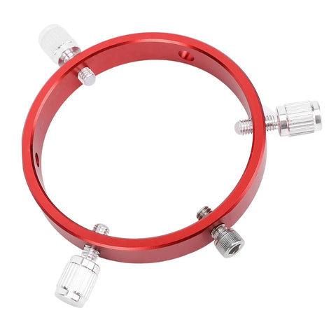 Red aluminum Six Hole 90mm Guiding Scope Ring with M6 and 1/4 inch screws, for 70 to 90mm astrophotography gear on white background.