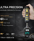 Pro Grade Torque Wrench And Screwdriver Set with display showing 61 in-lb value, held in hand, ideal for precision tasks.