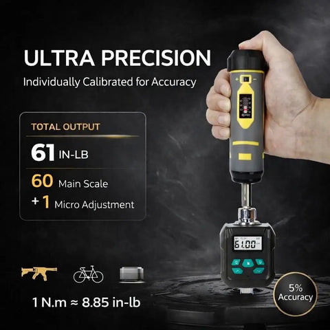 Pro Grade Torque Wrench And Screwdriver Set with display showing 61 in-lb value, held in hand, ideal for precision tasks.