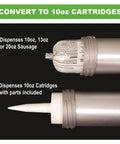 B Line Manual Sausage Caulking Gun 20 Oz showing conversion to 10 oz cartridges with labeled parts and aluminum design