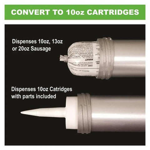 B Line Manual Sausage Caulking Gun 20 Oz showing conversion to 10 oz cartridges with labeled parts and aluminum design