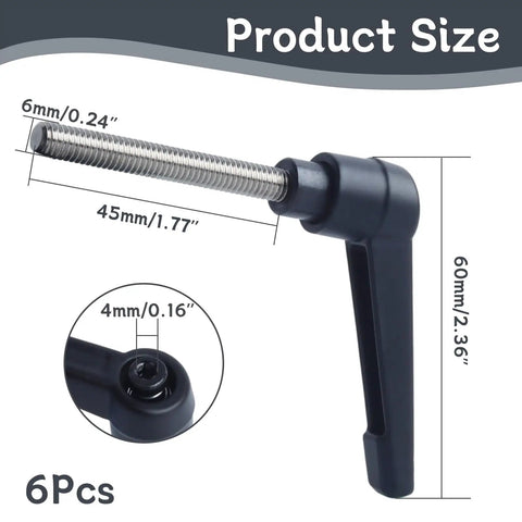 Heavy Duty Clamping Lever Handles With Quick Release Push Button Locking, 304 Stainless Steel M6 X 45mm Stud, Black Non Slip Grip, Rock Solid Hold For Serious Workbenches And Weekend Warrior Builds, 6 Pack dimensions illustration with size measurements.
