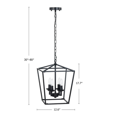 4 Light Farmhouse Lantern Chandelier in Matte Black with Adjustable Chain, geometric design, dimensions labeled