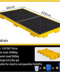 Straight Up Heavy Duty Modular Spill Containment Berm Platform With Ventilated Nonslip Grating For Warehouse Safety, 120x60cm, yellow and black construction.