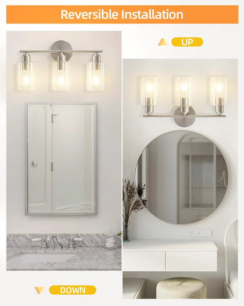 Three Light Bathroom Vanity Light Fixture In Brushed Nickel With Clear Glass Shades Over Mirror Wall Sconce No Fuss Easy To Install