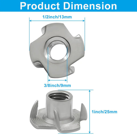 Top Shelf Four Pronged Tee Nuts Forged From Heavy Duty 304 Stainless Steel matching 3 8 16 thread size plus 7 16 inch barrel depth dimensions shown.