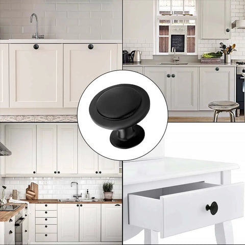Set Of 12 Black Round Cabinet Knobs 1.18 Inch With Screws Matte Finish Stainless Steel Knobs On Zinc Alloy Bases Flat Pulls