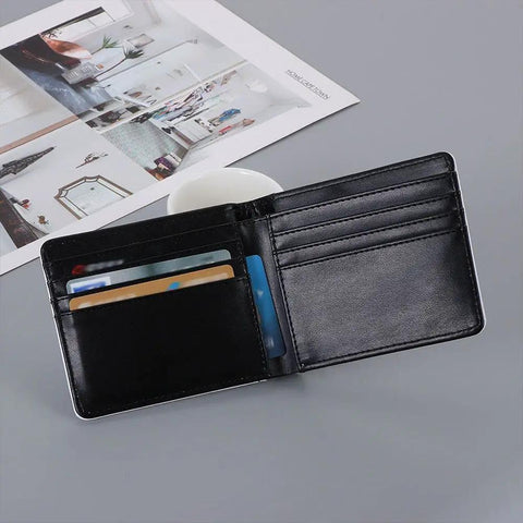 Open Heat Transfer Wallet DIY Card Holder One Side Print Kit on table, black PU leather with card slots visible