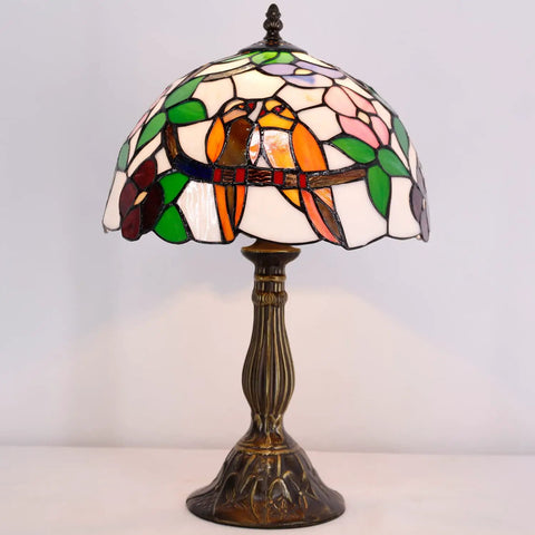 Tiffany Style Stained Glass Table Lamp With Dope Double Tropical Birds, Bedside Desk Reading Light For Bedroom, Living Room And Home Office Decor, 12x12x18 Inches, showcasing stained glass shade and bronze base.