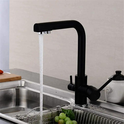 Black Kitchen Faucet with 360° SwivelDual Handle Water Filter TapDeck-Mounted Mixer with Aerator3-Way Design for Clean Drinking WaterAusious Clouds LWX in kitchen sink.