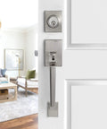 Front Door Handleset With Satin Nickel Lever And Deadbolt, Keyed Entry For Exterior Or Office Doors, installed on door