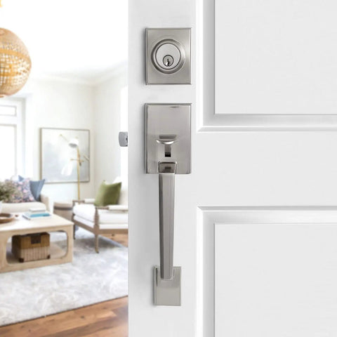 Front Door Handleset With Satin Nickel Lever And Deadbolt, Keyed Entry For Exterior Or Office Doors, installed on door
