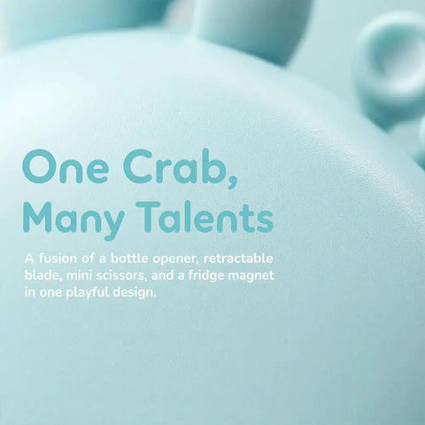 Image of text highlighting the Crab Shaped Bottle Opener 4 In 1 Multi Tool With Magnetic Fridge Magnet Box Cutter And Mini Scissors.