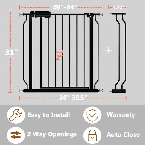 Diagram of Walk Through Baby Gate For Stairs 34 To 38.5 Inches Wide With Door Pressure Mounted No Drill Safety Gate in metal black