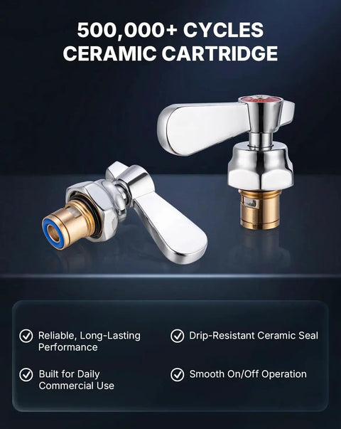 Lead-Free 4 Inch Deck Mount Commercial Kitchen Sink Faucet 8" Swivel Spout with ceramic cartridge and lever handle.