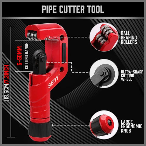 Pipe cutter tool set; red heavy-duty tube cutter with ergonomic knob for copper, aluminum, and PVC pipes.