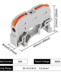20-Piece DIN Rail Terminal Blocks for Electrical Control Panels, Compact Grey Wire Connectors, dimensions shown