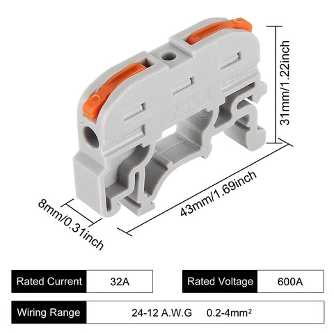 30Pcs DIN Rail Terminal Blocks For Electrical Control Panels Pro Grade Compact Design Supports Solid Stranded And Flexible Wires 0.2-4.0mm2 28-12 AWG With 4KV High Voltage Resistance Flame Retardant PC Material And Safe Independent Wire Connections Grey, shown with dimensions and specifications chart.